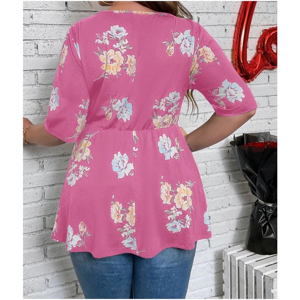 Plus Floral Print Lace Belted Top - Picture 9 of 9